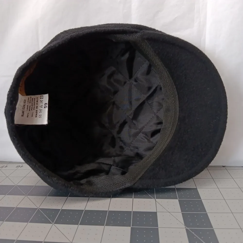 Aurega Milano Wool Flat Cap Black Made in Italy Size 59 Unisex
